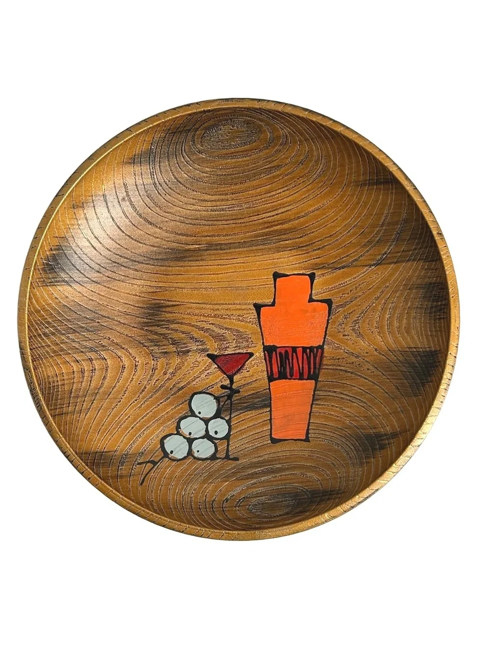 Mid-Century Modern Hand-Painted Wooden Bowl with Abstract Cocktail Design